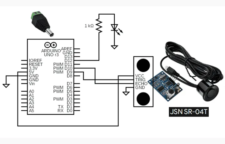 Diagrama de conexion del sensor JSN SR04T y el LED al Arduino Uno R3
