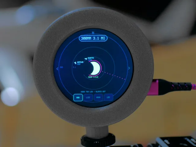 Pantalla de radar con el tráfico aéreo alrededor y la posición de la Luna marcada