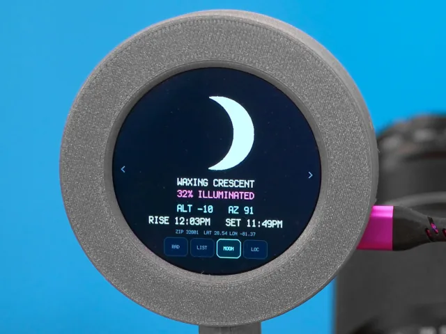 Pantalla de la Luna con su fase, iluminación y horarios de salida y puesta