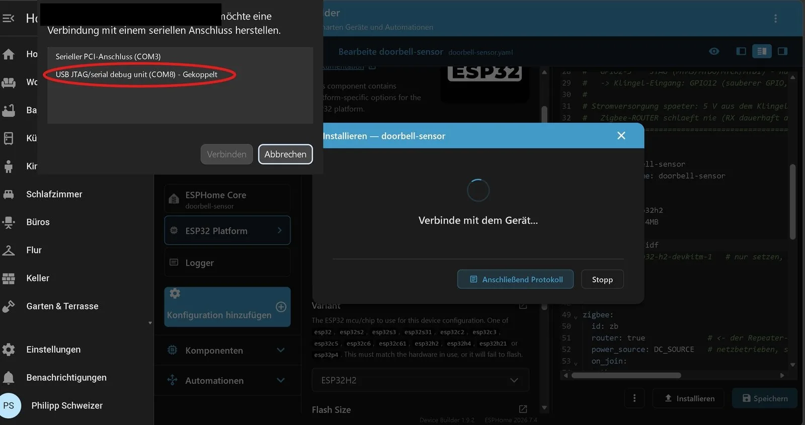 Selección del puerto serie en el navegador mostrando la entrada USB JTAG/serial debug unit