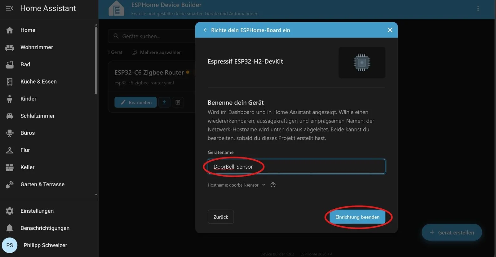 Asignación del nombre del dispositivo en el asistente de ESPHome