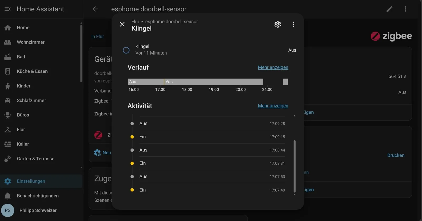 Entidad del timbre cambiando de estado en Home Assistant al presionar el botón