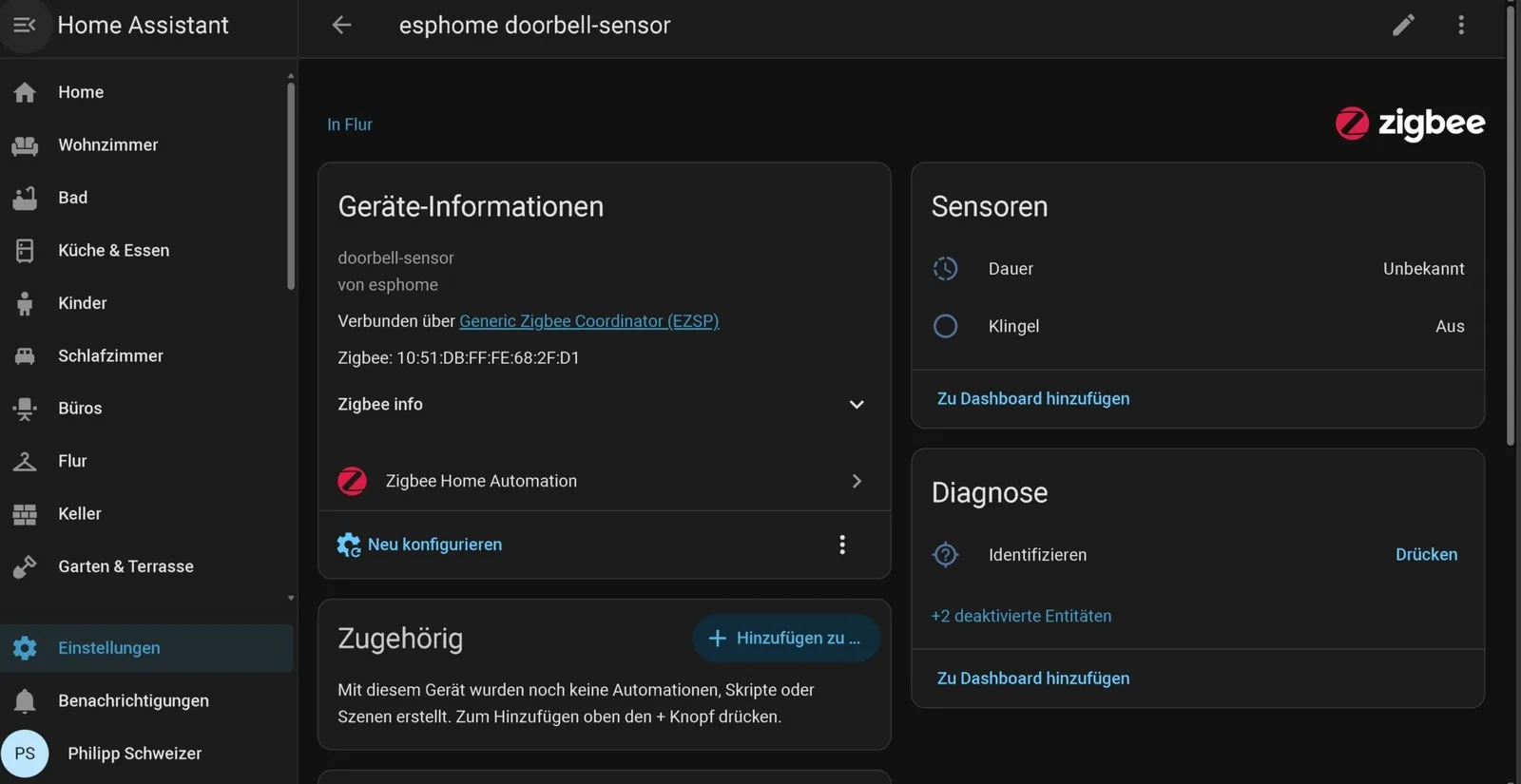 Sensor de timbre conectado y visible en Home Assistant