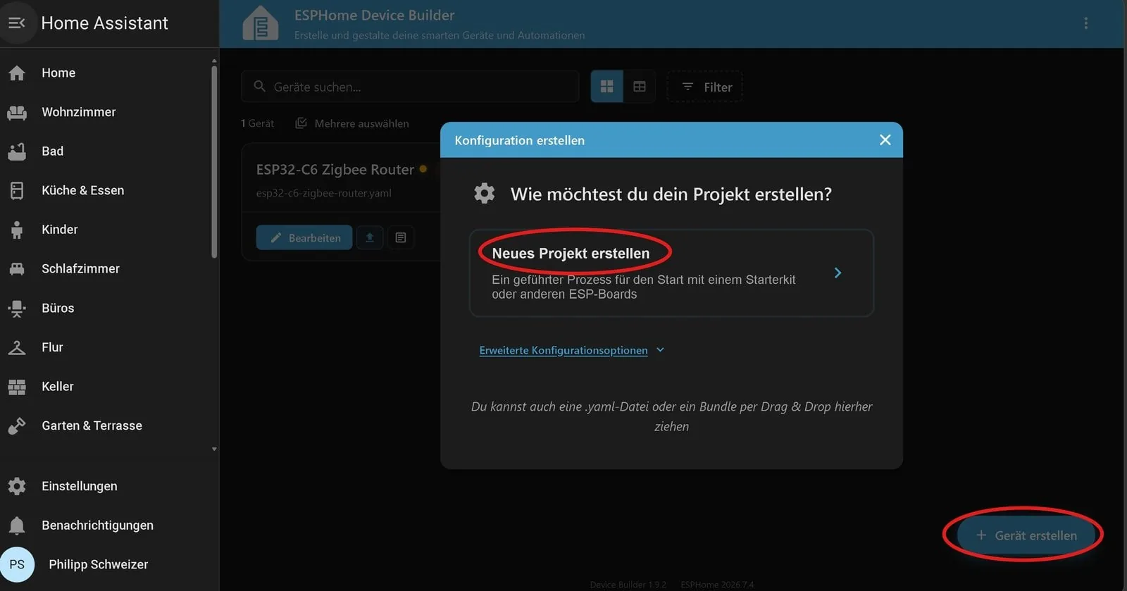 Panel de ESPHome en Home Assistant con el diálogo para crear un dispositivo nuevo