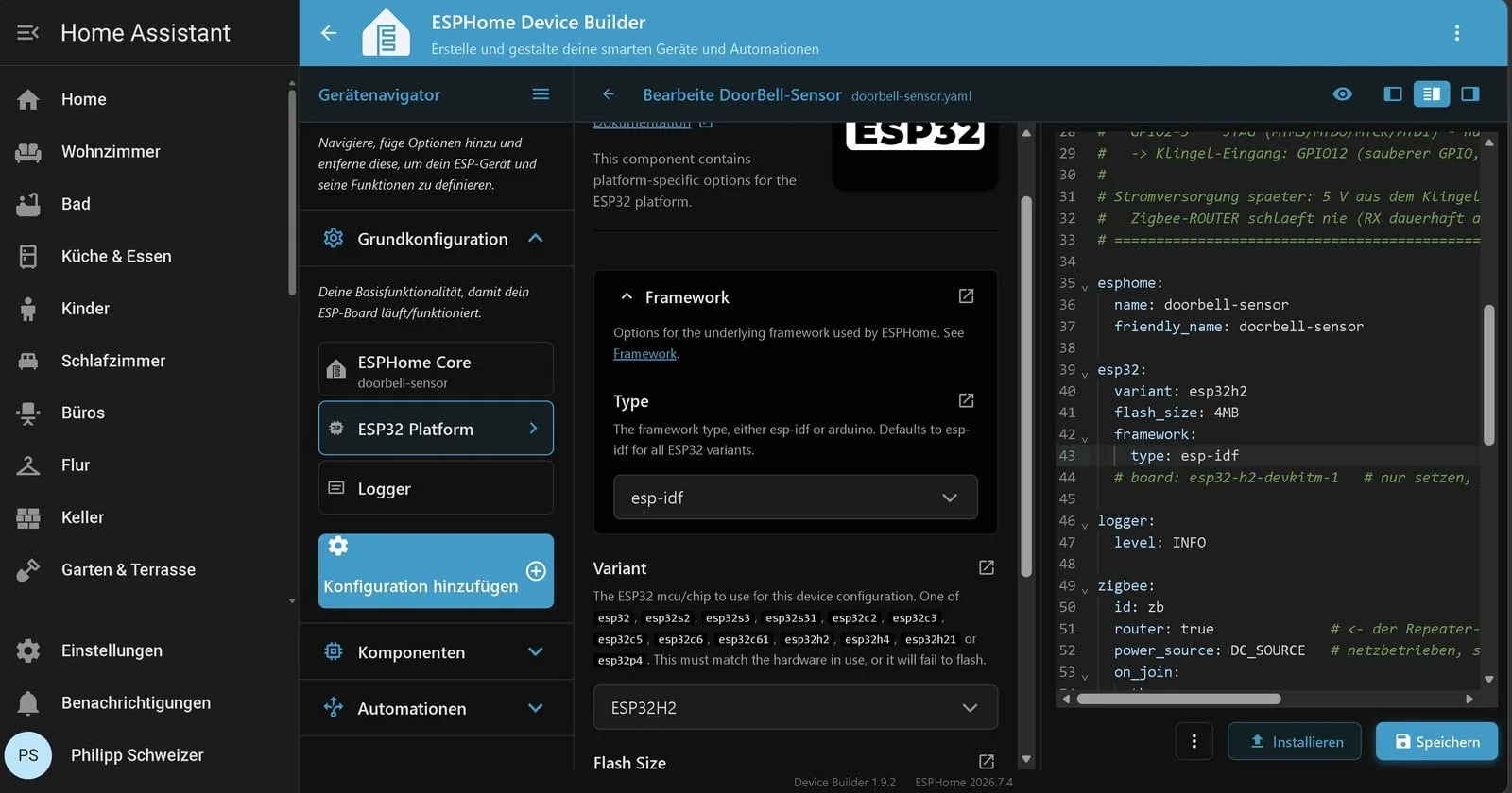 Editor YAML de ESPHome con la configuración Zigbee cargada