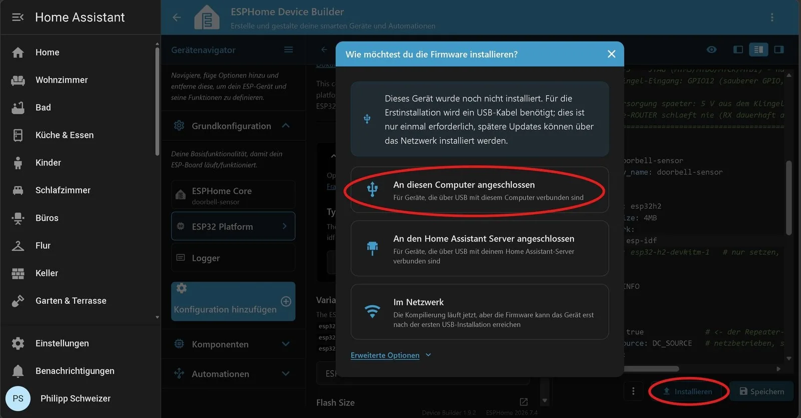Diálogo de instalación de ESPHome con la opción de instalar por cable USB seleccionada