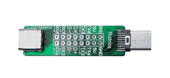 Placa del DIY Kit de Rotrics con los pines GND, 5V, TX6, RX6, D+, D-, TX3 y RX3 rotulados