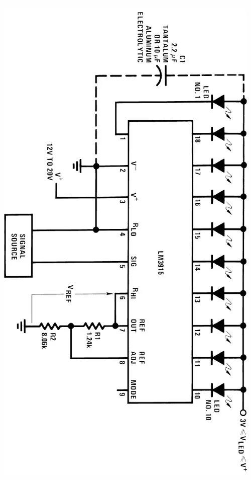 Esquema del LM3915 conectado a 10 LEDs con R1, R2 y el capacitor de desacople
