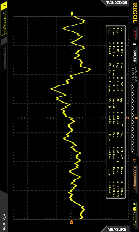Captura de osciloscopio Rigol mostrando una señal de audio de bajo voltaje