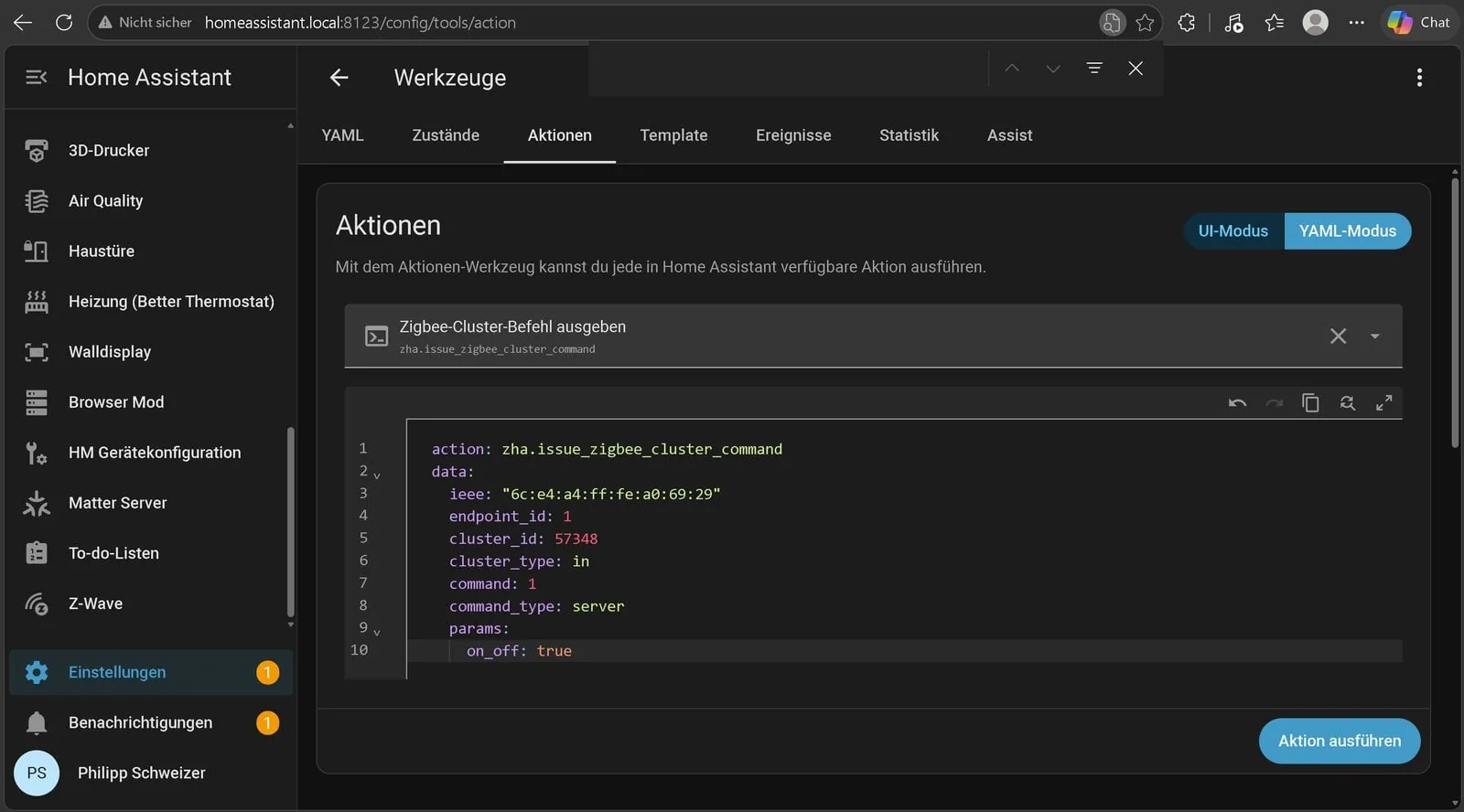 Herramientas para desarrolladores de Home Assistant con el comando YAML para iniciar el modo aprendizaje