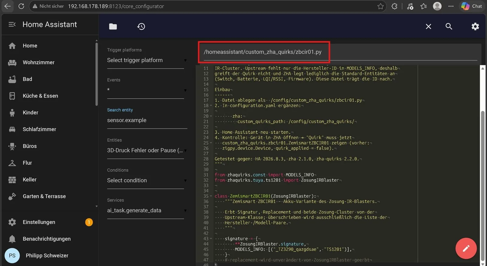 Editor de archivos de Home Assistant con el archivo del quirk personalizado abierto