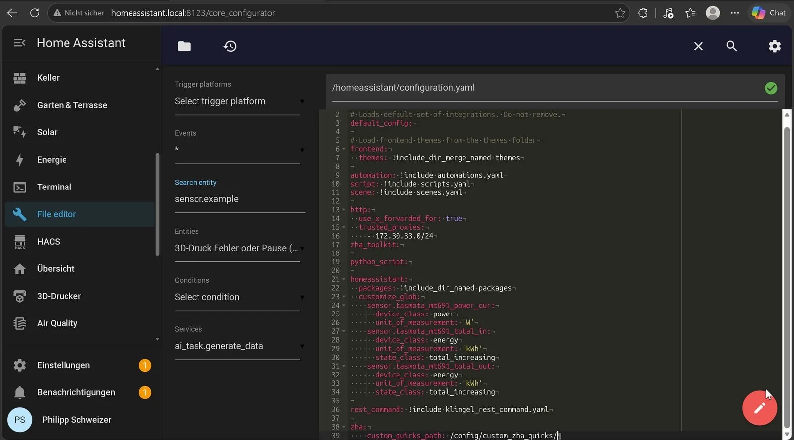 Archivo configuration.yaml con la línea custom_quirks_path bajo zha