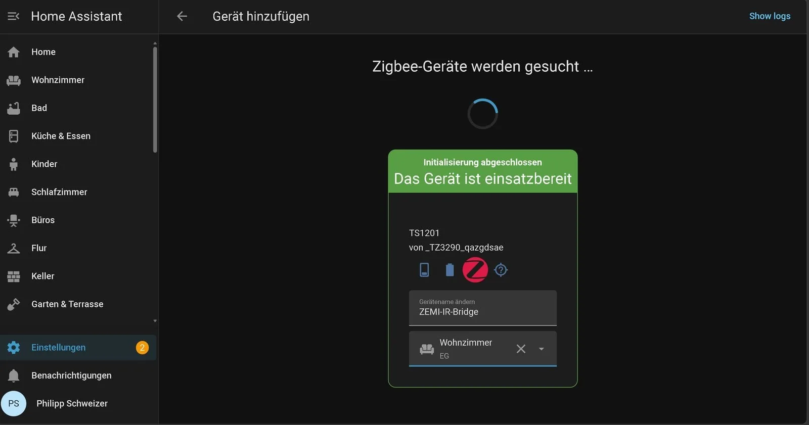 Página del dispositivo recién vinculado en Home Assistant, mostrando cinco entidades estándar