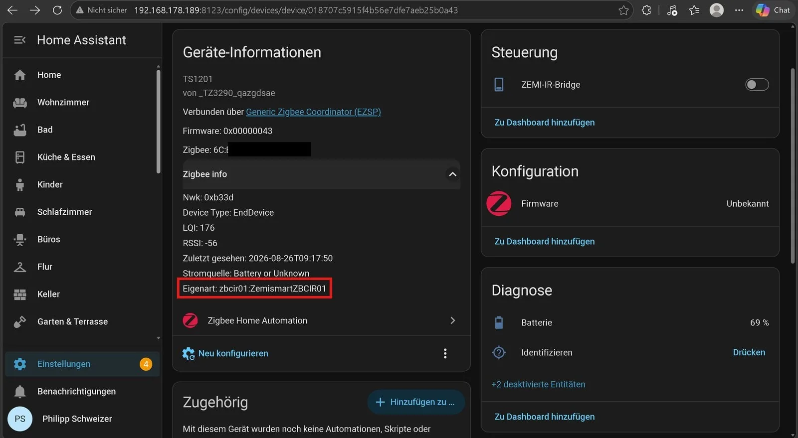 Página del dispositivo en ZHA mostrando la línea que confirma el quirk activo