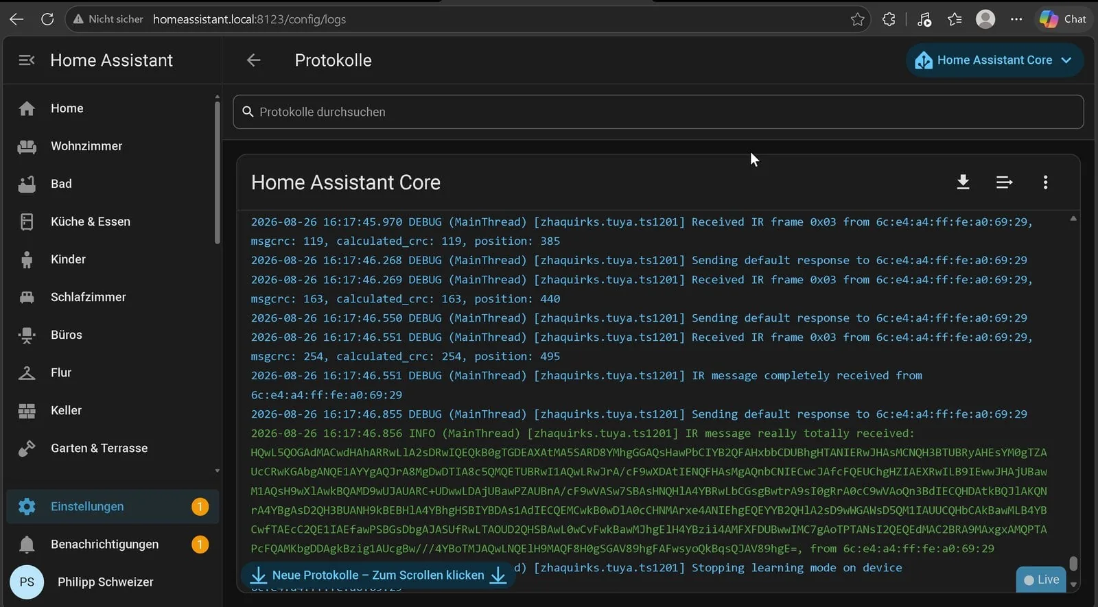 Registro de Home Assistant mostrando el código infrarrojo aprendido