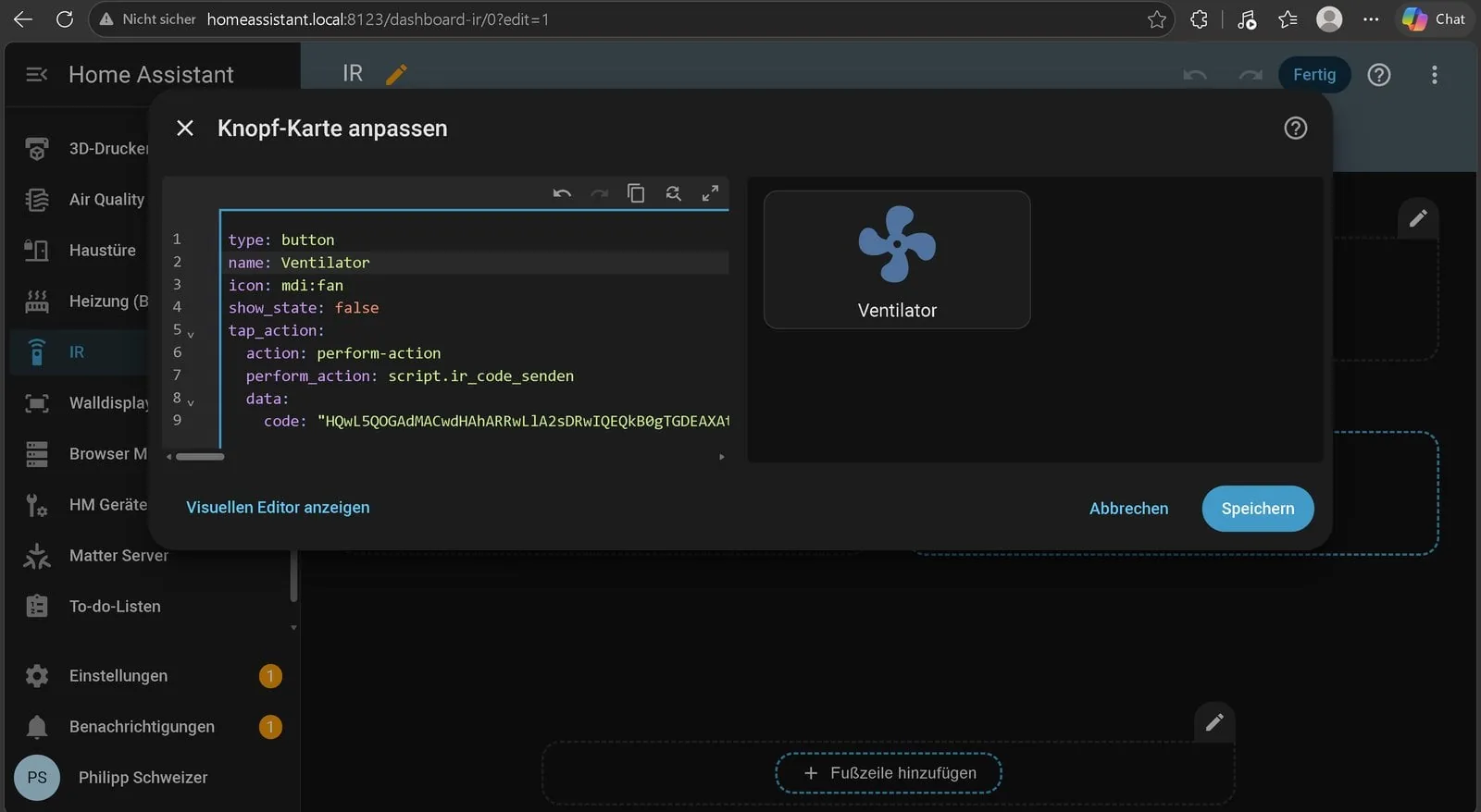 Tarjeta de botón en el dashboard: a la izquierda el YAML, a la derecha la vista previa