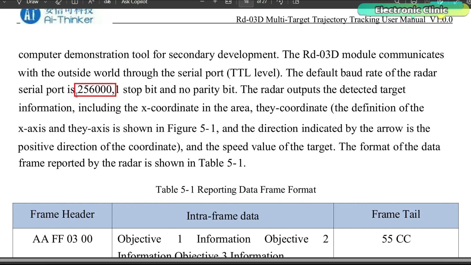 Extracto de la hoja de datos del radar RD-03D indicando la velocidad de comunicación por defecto de 256000 baudios