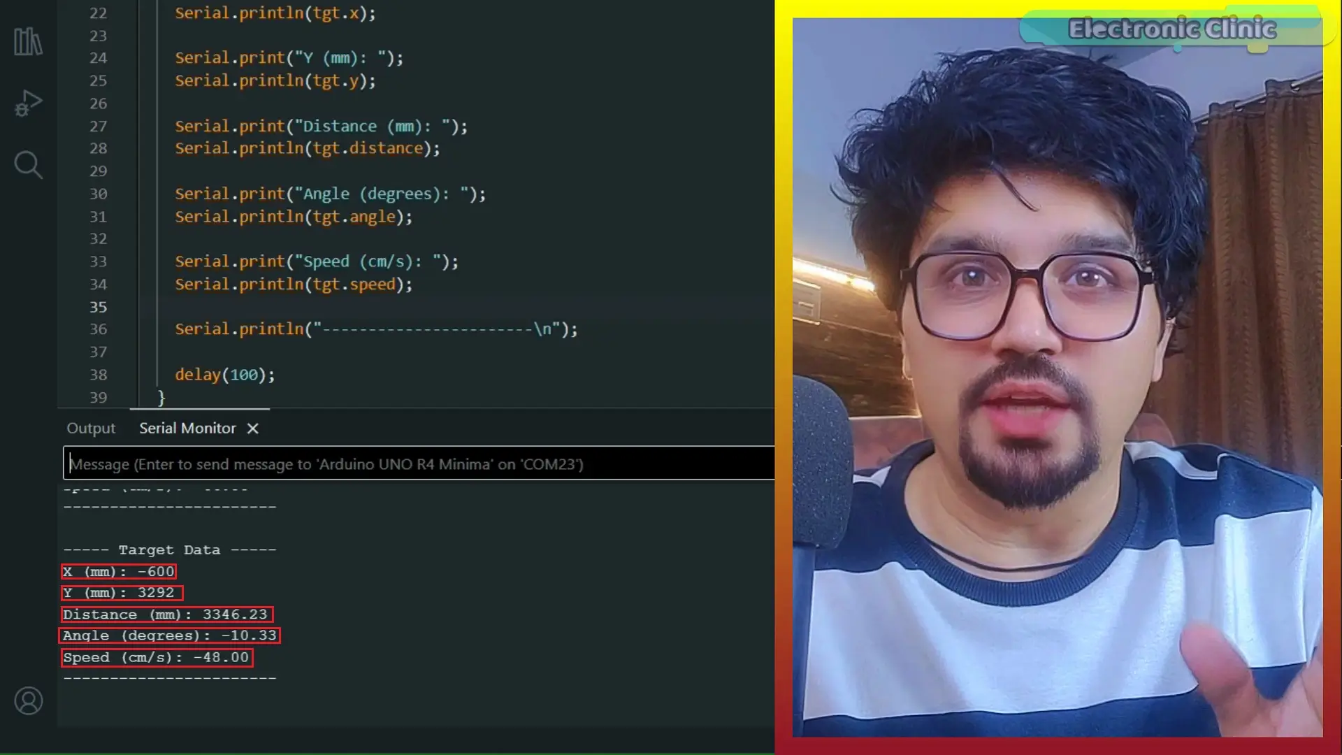 Datos de seguimiento del radar en el Monitor Serie del Arduino Uno R4 Minima
