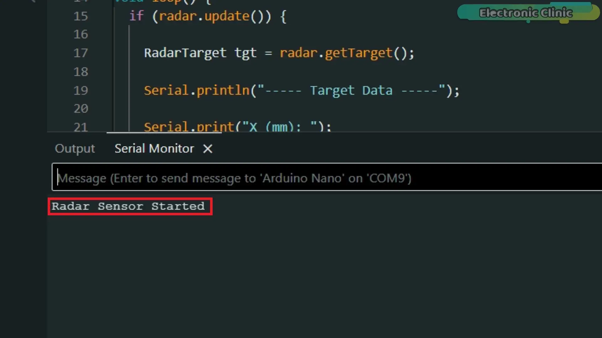 Monitor Serie del Arduino Nano mostrando únicamente el mensaje de inicio del sensor de radar, sin datos posteriores