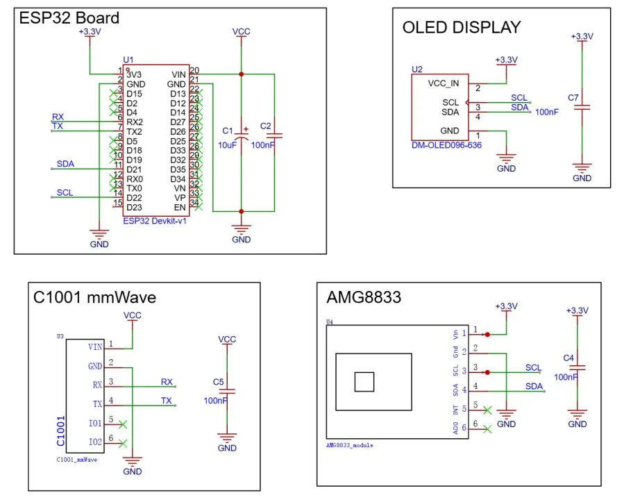 Esquemático del sistema con ESP32, radar C1001, OLED y AMG8833