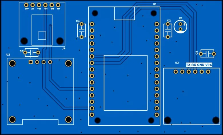 Vista 2D de la PCB del sistema de seguimiento