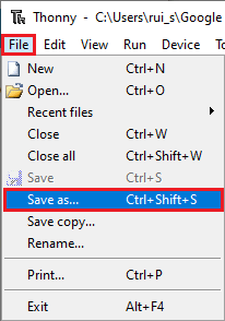 Guardar archivo en Thonny IDE: opción Guardar como