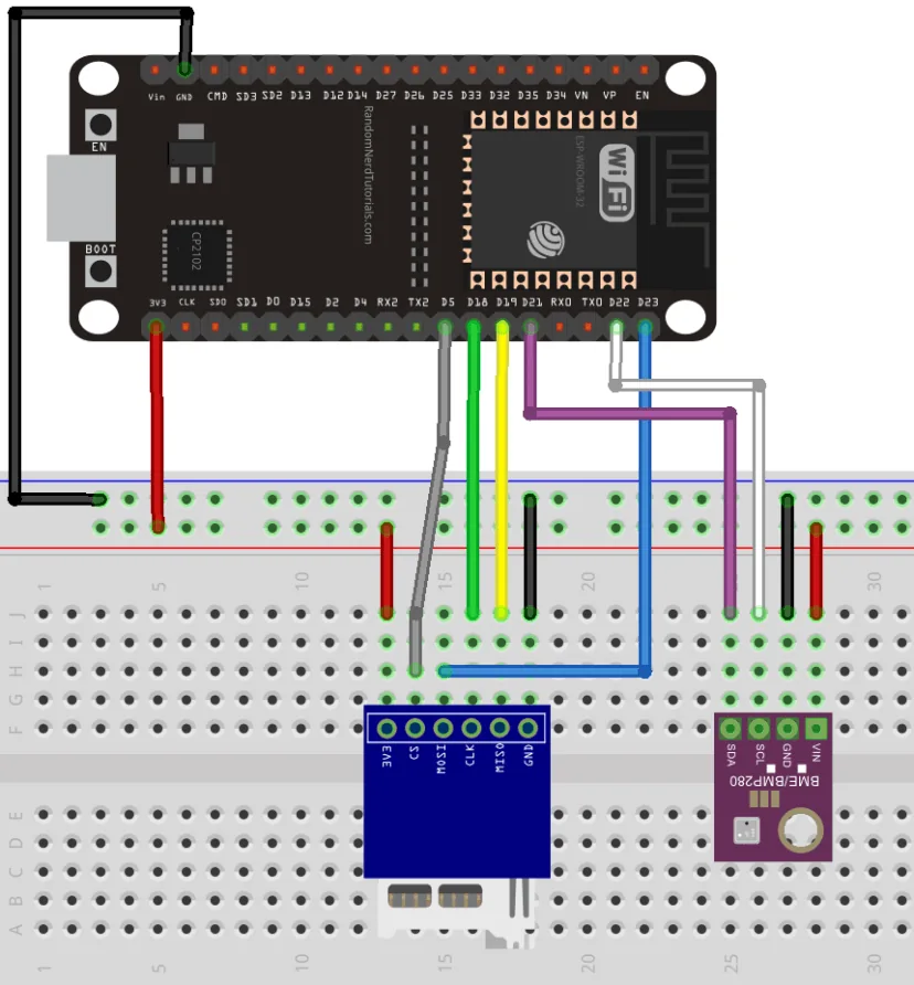 Diagrama de conexiones del ESP32 con el sensor BME280 por I2C y el módulo microSD por SPI en protoboard
