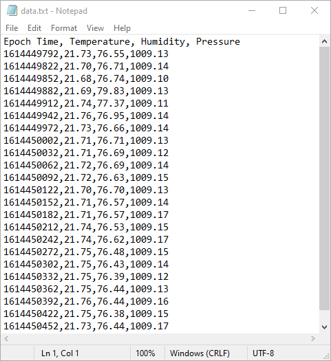 Archivo data.txt abierto en el PC mostrando las columnas Epoch Time, Temperature, Humidity y Pressure en formato CSV