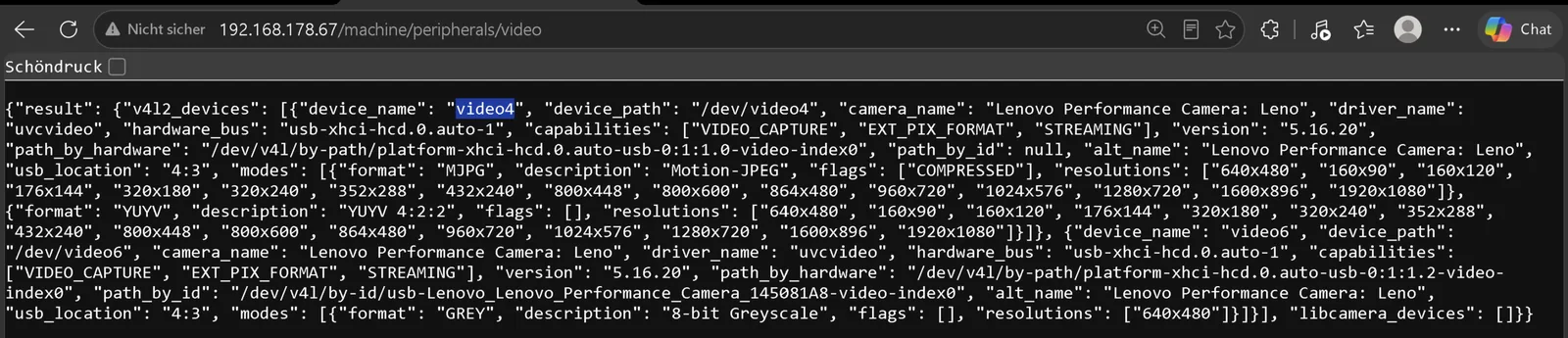 Lista de dispositivos de video que entrega Moonraker en la impresora 3D