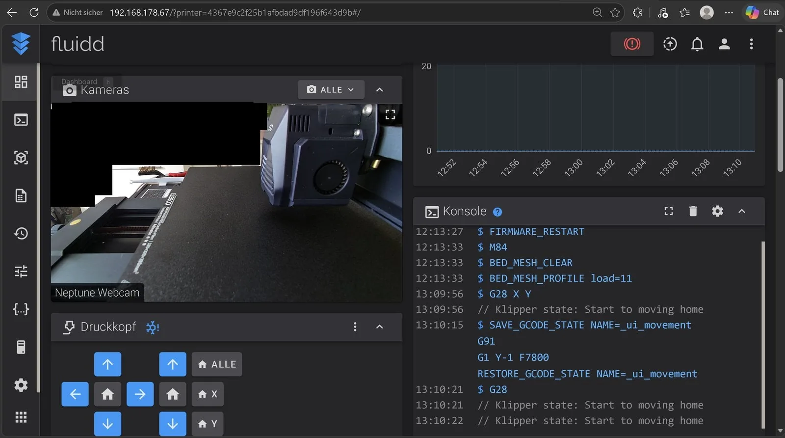 Dashboard de Fluidd en la Neptune 4 Plus con la tarjeta de cámara mostrando el stream en vivo