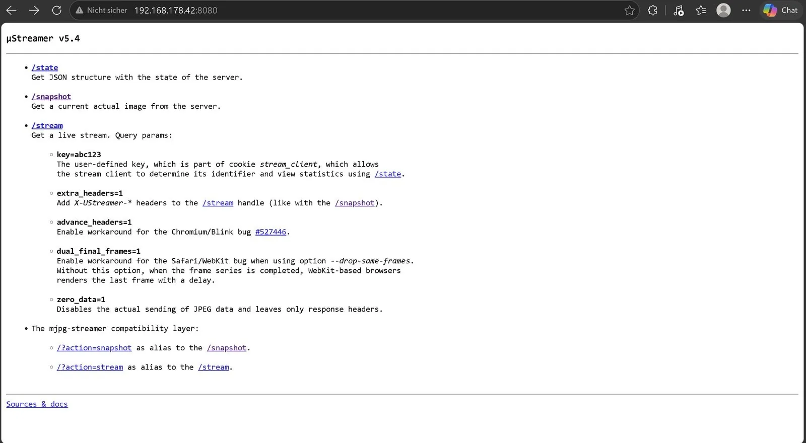 Página de inicio de ustreamer en el navegador, con los enlaces a stream y snapshot