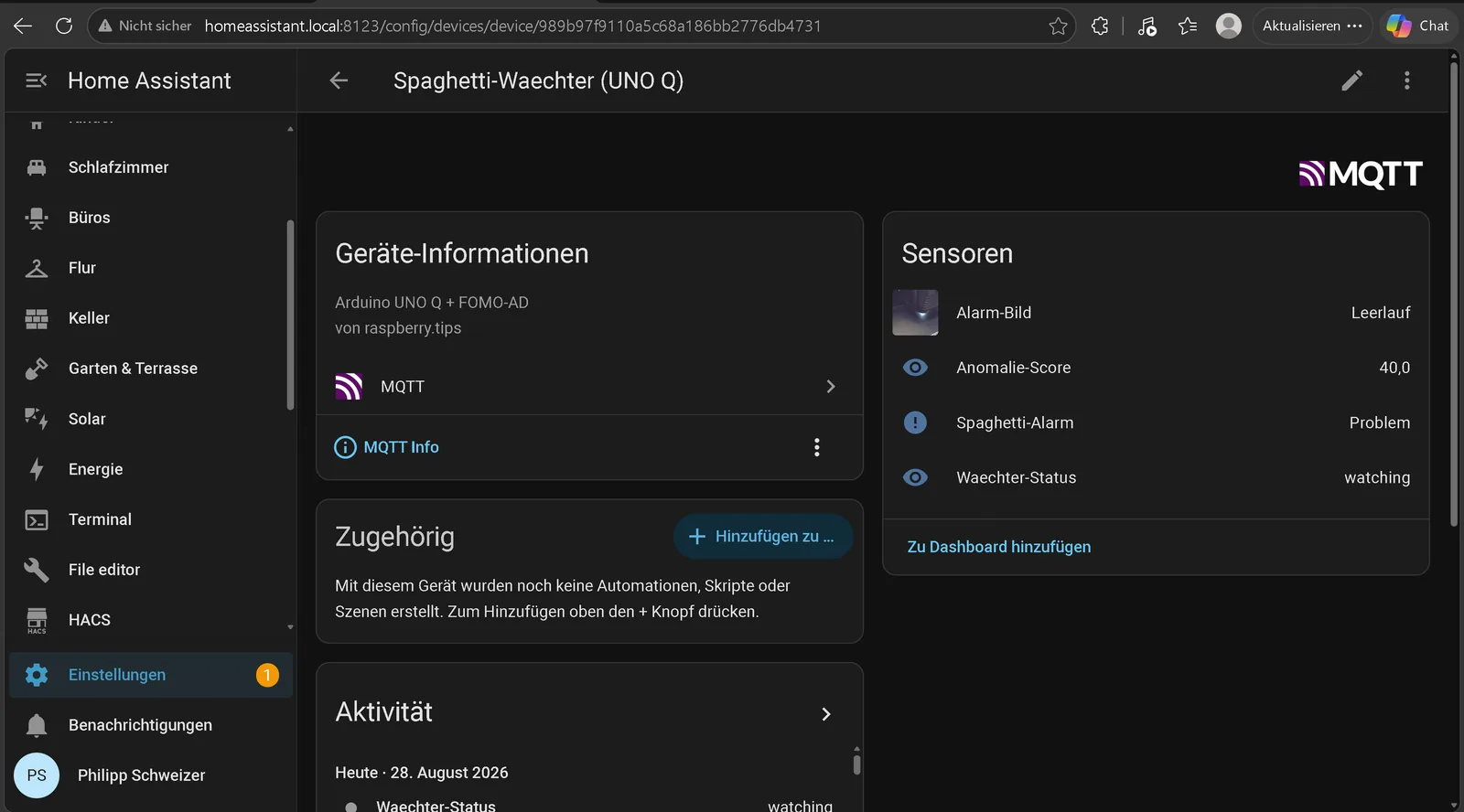 Dispositivo del vigilante en Home Assistant con las cuatro entidades creadas por MQTT Discovery