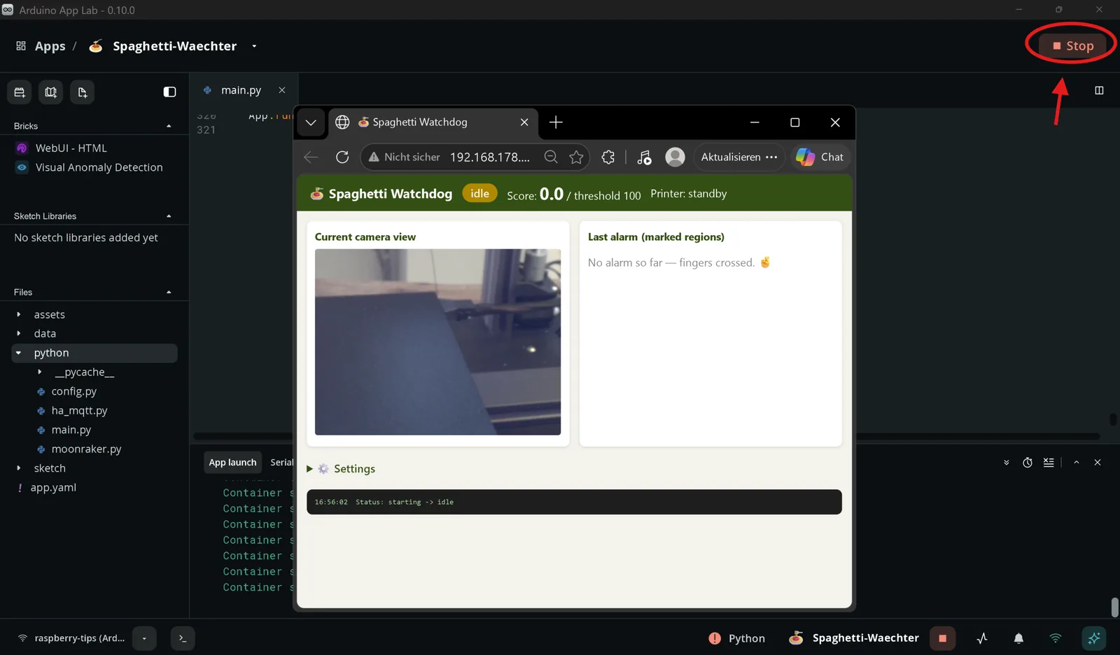 Interfaz de App Lab con la app Spaghetti Waechter abierta y el botón de ejecución