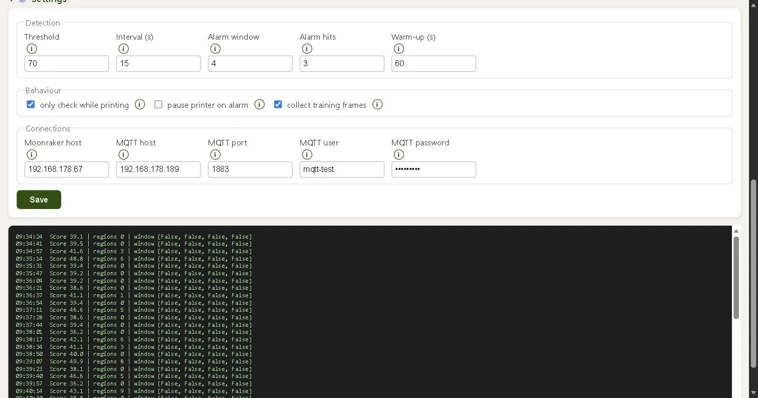 Panel de ajustes de la página del vigilante: umbral, intervalo, ventana de alarma, pausa automática y acceso MQTT