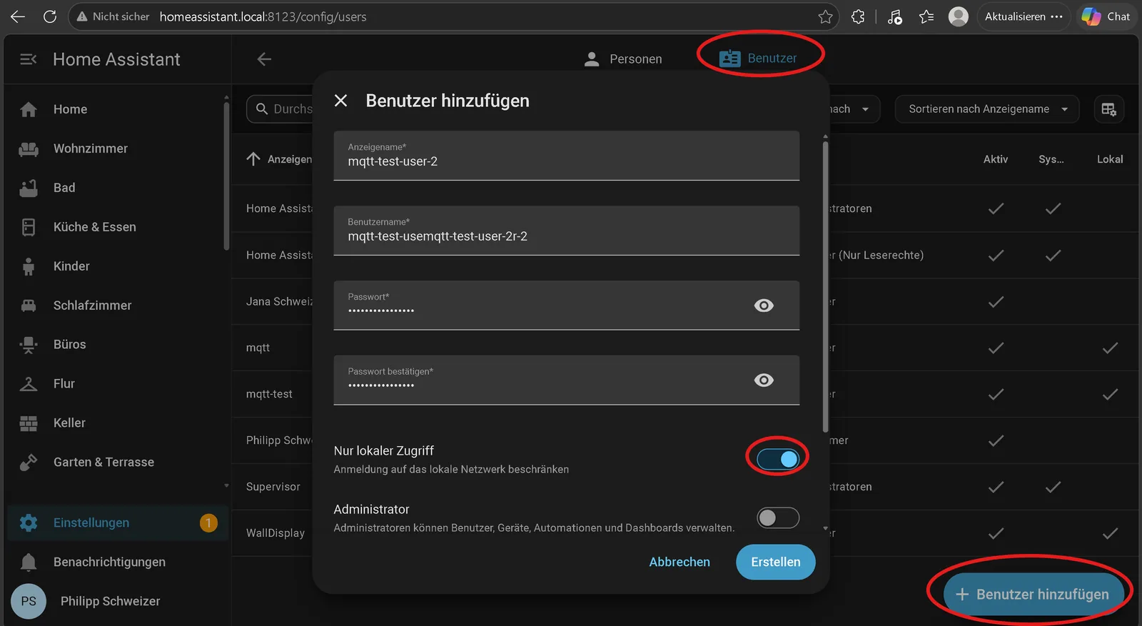 Home Assistant creando un usuario local nuevo para MQTT en Ajustes, Personas, pestaña Usuarios