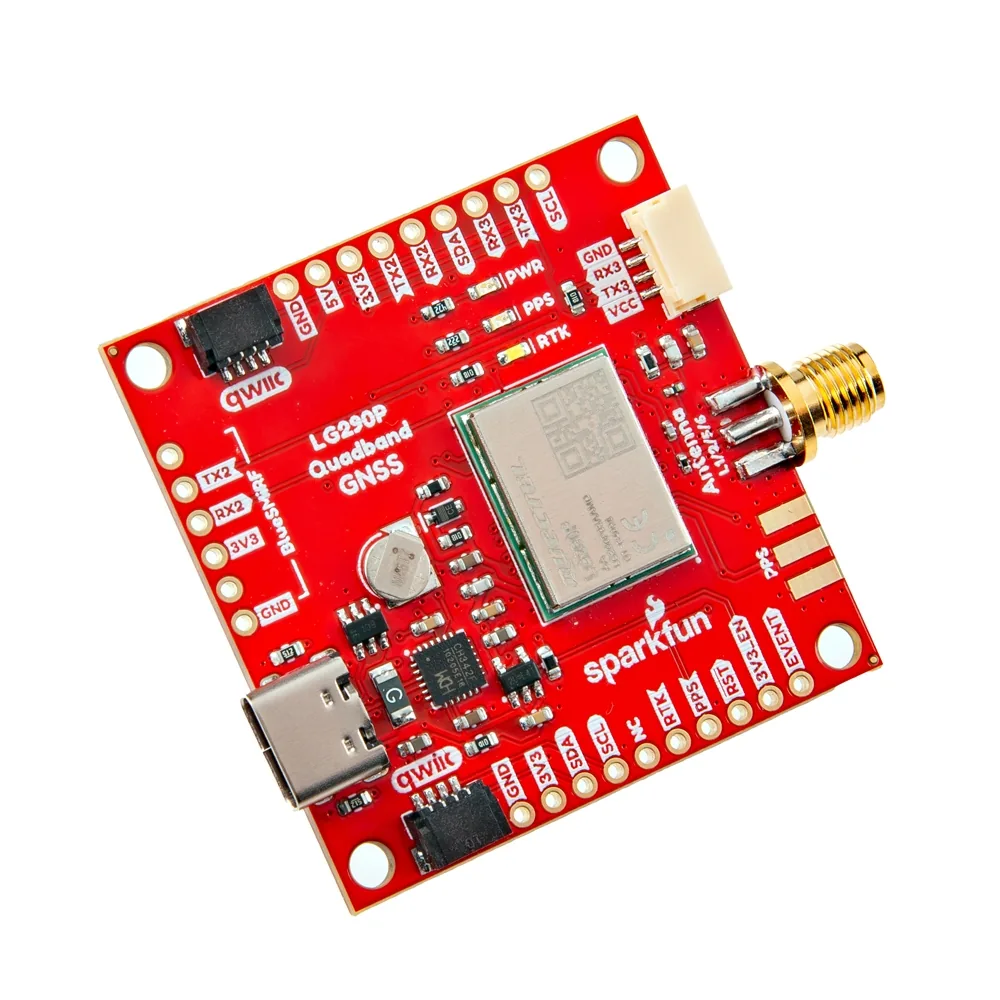Breakout SparkFun con el receptor GNSS RTK quad banda Quectel LG290P, con sus pines TX2, RX2, RX3, TX3 y conector SMA para antena