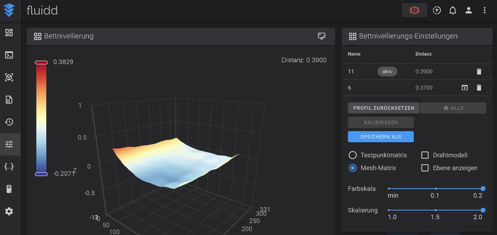 Mapa de alturas del Neptune 4 Plus en Fluidd, medido con el Eddy Duo: lado izquierdo alto, centro bajo, 0,39 mm de diferencia