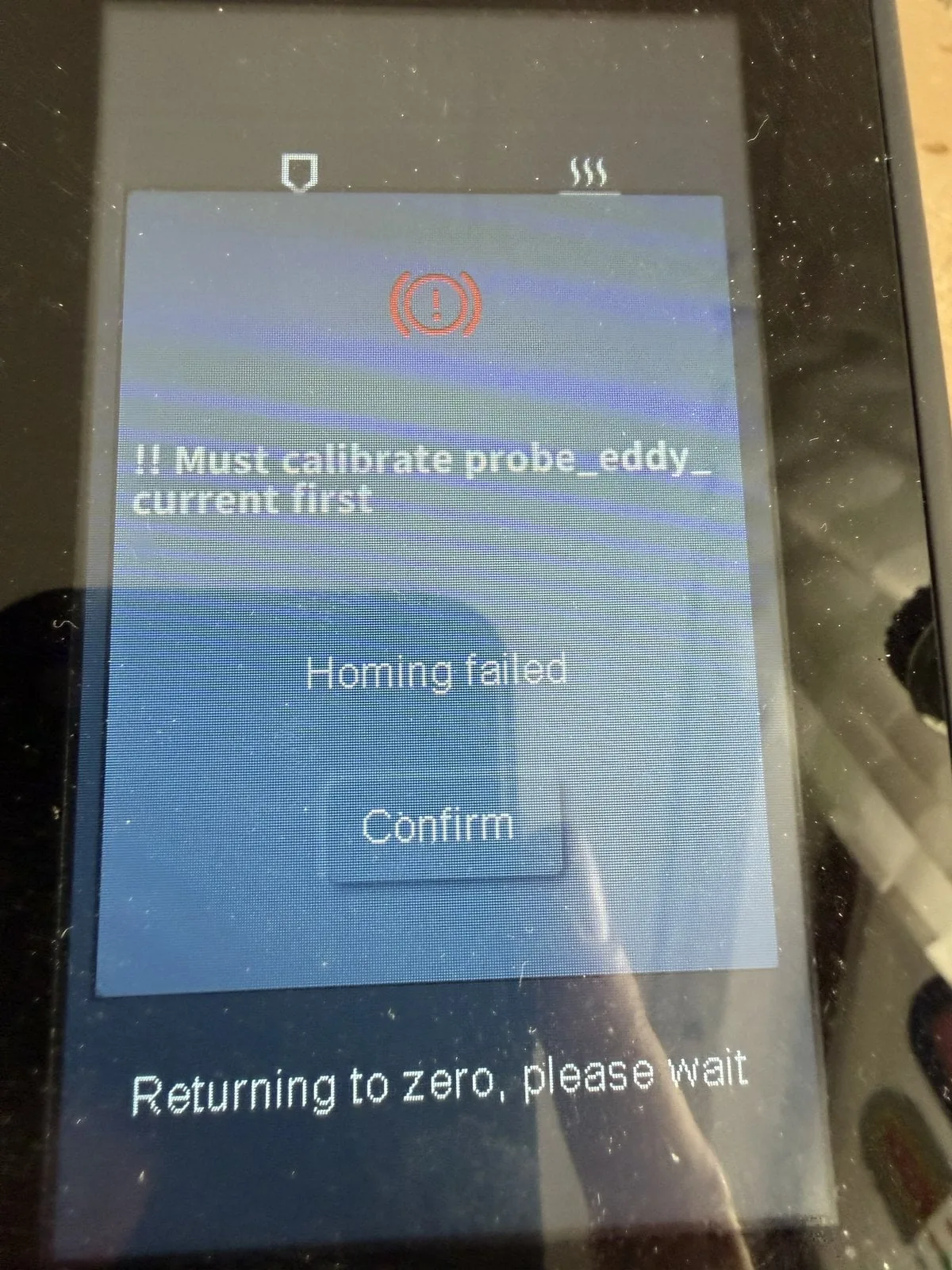 Mensaje de error en la pantalla del Neptune antes de calibrar el sensor Eddy