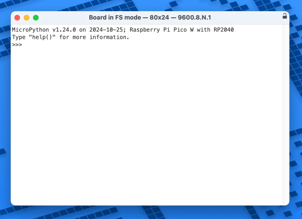 Terminal serial mostrando el prompt REPL de MicroPython en una Raspberry Pi Pico W