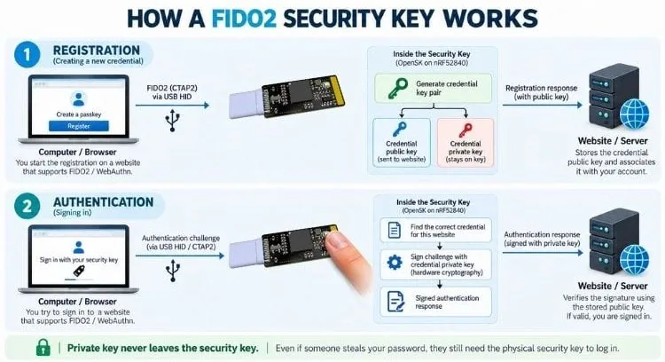 Diagrama del flujo de autenticación FIDO2 con el nRF52840