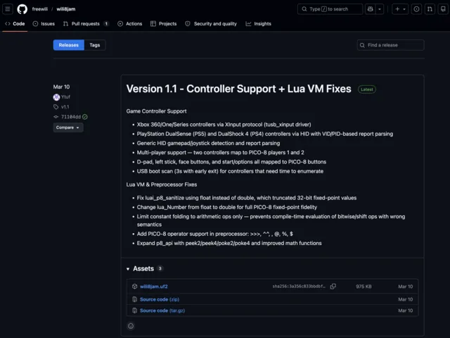 Página de releases del repositorio wili8jam en GitHub mostrando la versión 1.1 y el archivo wili8jam.uf2