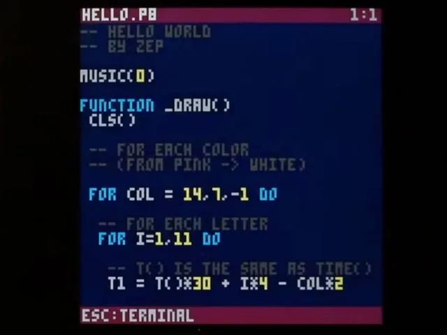 Editor de código de PICO 8 en la Fruit Jam mostrando el cartucho HELLO.P8 en lenguaje Lua