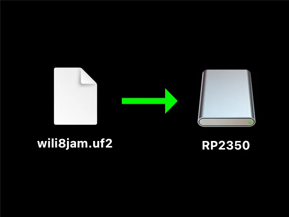 Diagrama de arrastrar el archivo wili8jam.uf2 hacia la unidad RP2350