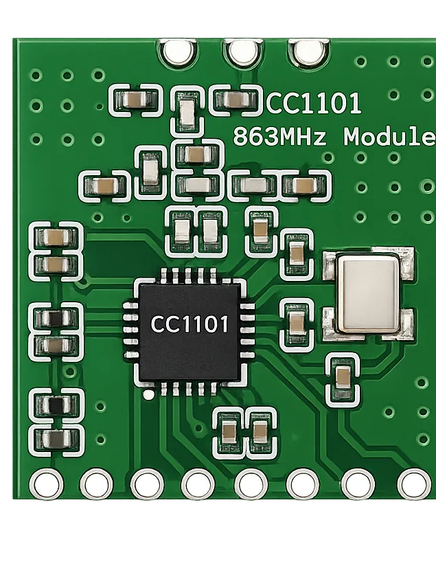 Vista en detalle del módulo RF CC1101 868 MHz con el chip de Texas Instruments