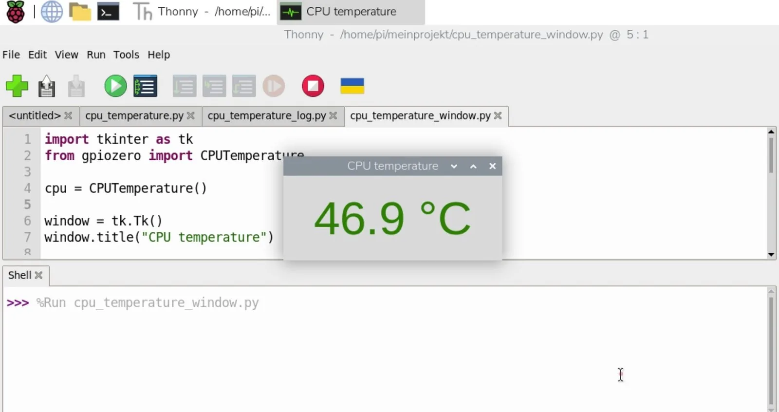 Ventana pequeña CPU temperature con la temperatura en verde delante del editor Thonny