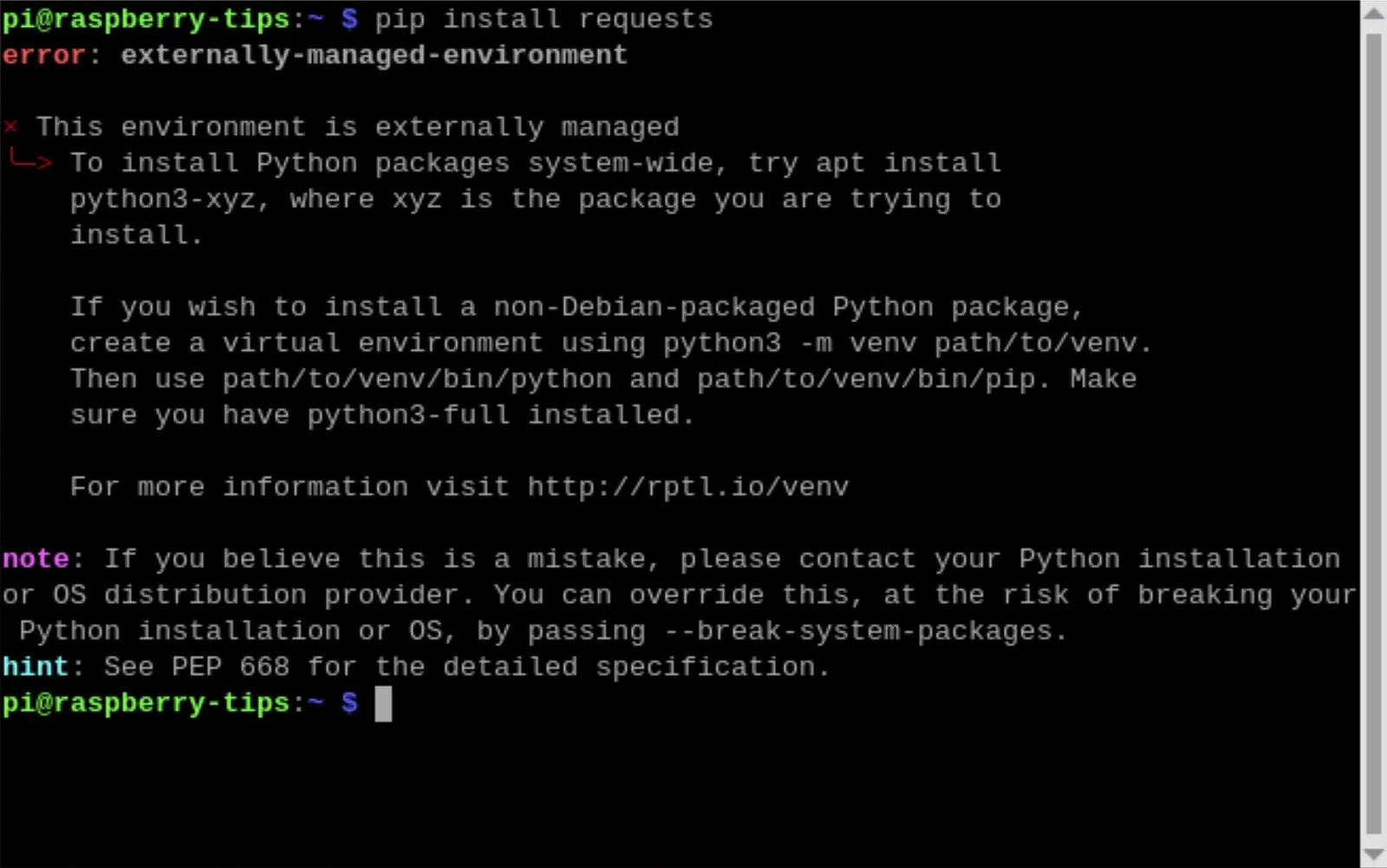 Terminal de la Raspberry Pi con pip install requests y el error externally managed environment