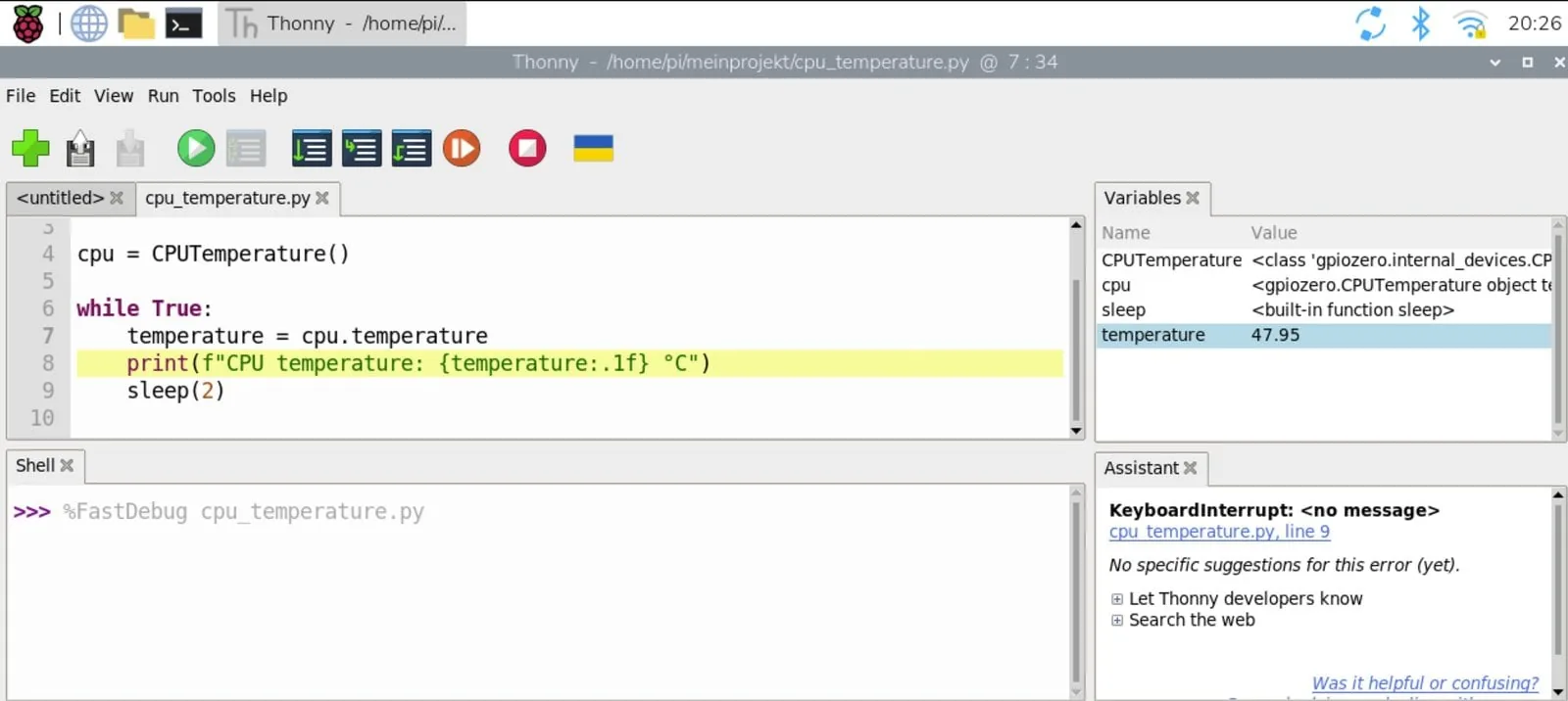Thonny en modo depuración con la línea print marcada en amarillo y la ventana Variables con temperature en 47.95