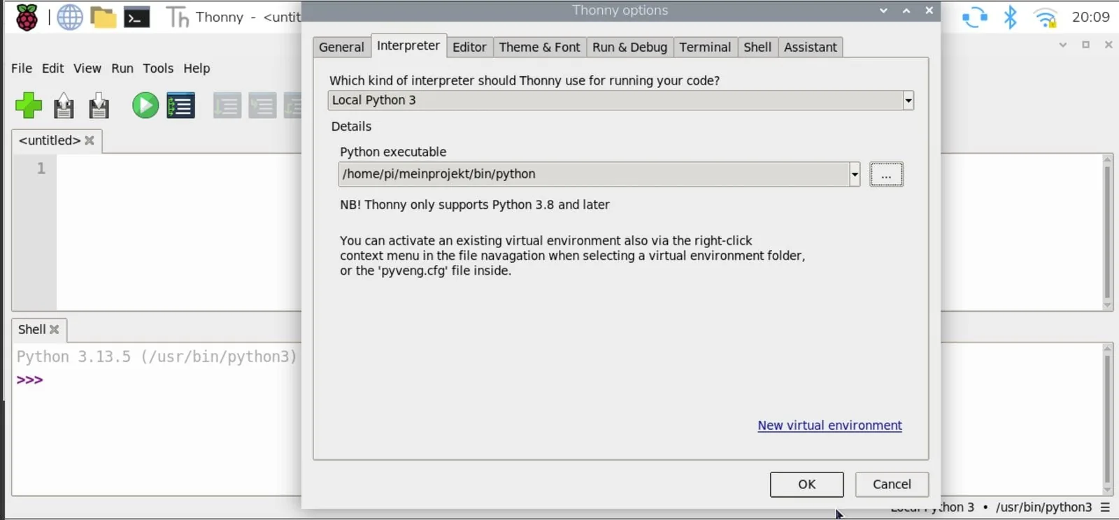Ajustes de Thonny en la pestaña Interpreter con Local Python 3 y el ejecutable del entorno virtual