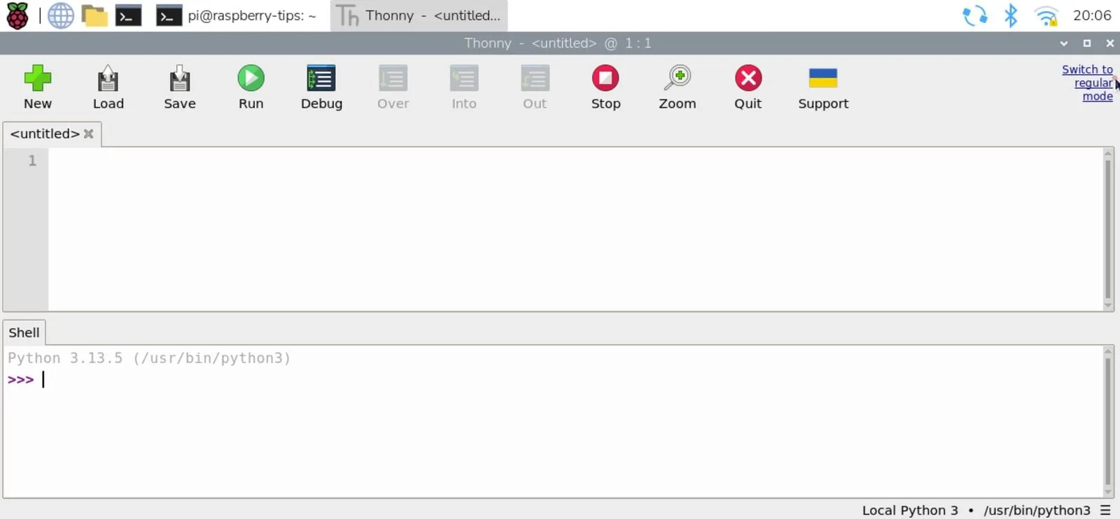 Thonny en modo simple con los botones New, Load, Save, Run, Debug y Stop y el enlace Switch to regular mode arriba a la derecha