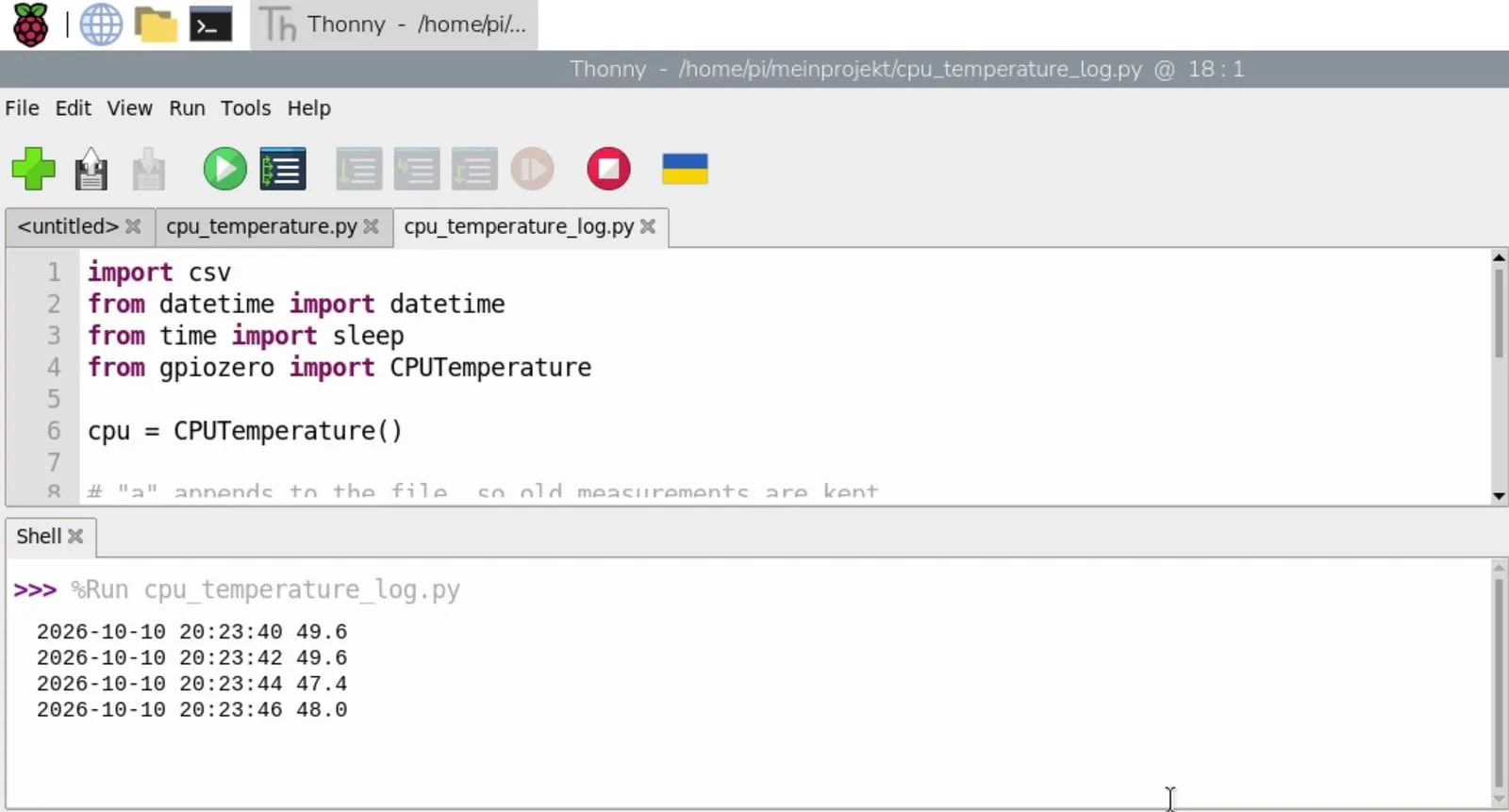 Thonny con el programa cpu_temperature_log.py y cuatro líneas con fecha, hora y temperatura en la Shell